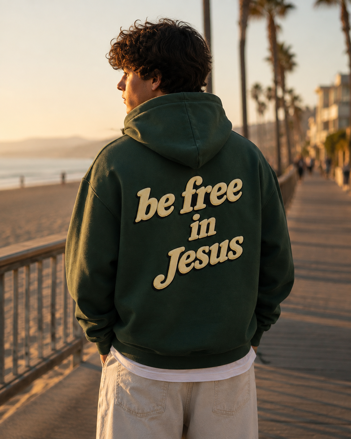 Man wearing Be Free in Jesus hoodie from behind on beach boardwalk